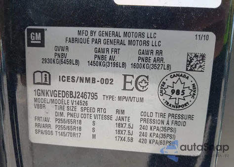 2011 Chevrolet Traverse 1Lt from USA, damaged, VIN 1GNKVGED6BJ246795